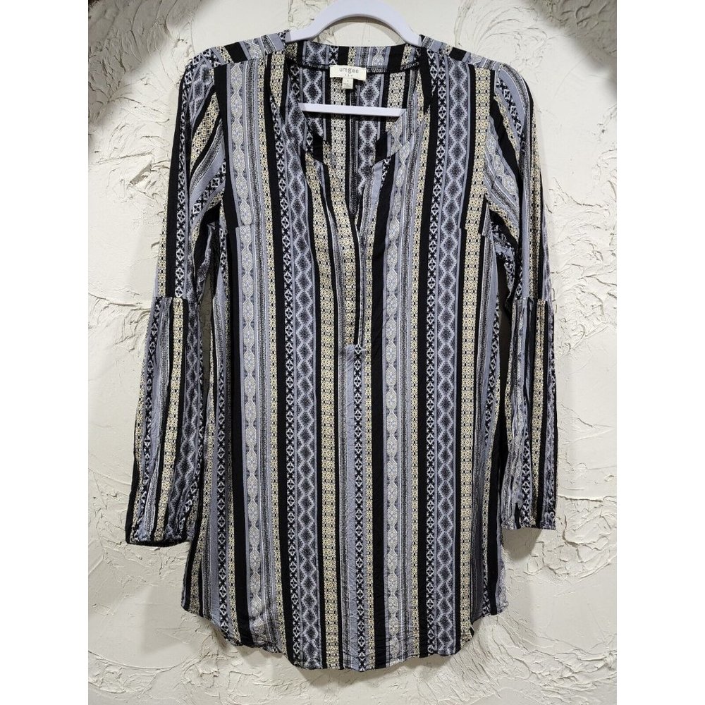 Umgee USA Blue Black Boho Peasant Tunic Mini Dress Size Small